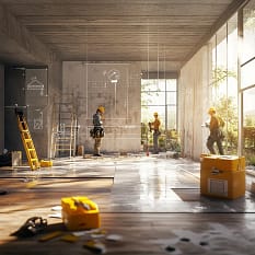 A photorealistic rendering of a home renovation in progress, featuring workers painting walls, laying flooring, and consulting with a supervisor.