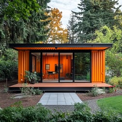 Exterior of a modern orange container house with a minimalist design and compact size.