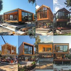 A side-by-side comparison of a traditional ADU under construction and a prefab ADUs being installed.