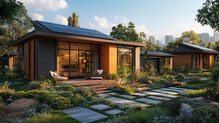 A modern prefab ADU with solar panels in a Sacramento suburb, showcasing clear skies and a hint of the city skyline.