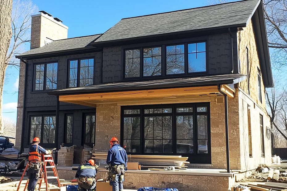 Two contractors working on the exterior of a modern farmhouse renovation on a sunny day.
