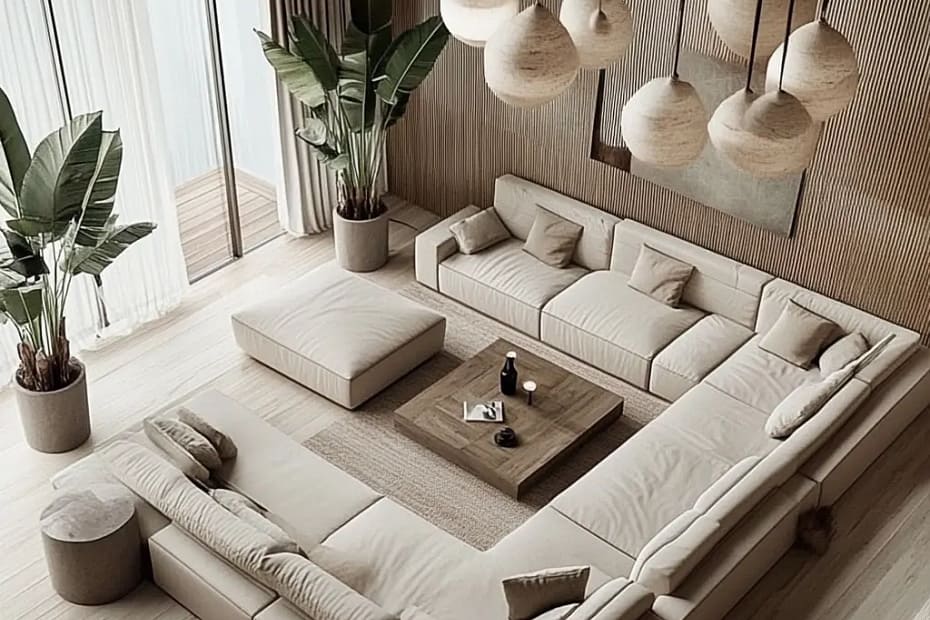 A modern living room with a minimalist design featuring neutral tones, large windows, comfortable seating, and green plants.