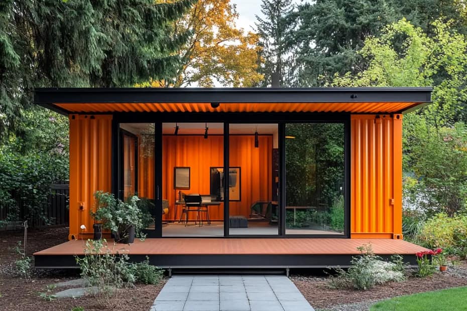 Exterior of a modern orange container house with a minimalist design and compact size.