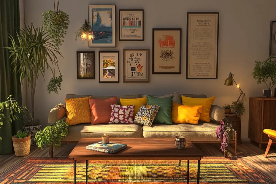 A cozy living room with a DIY gallery wall, colorful throw pillows, and repurposed furniture.