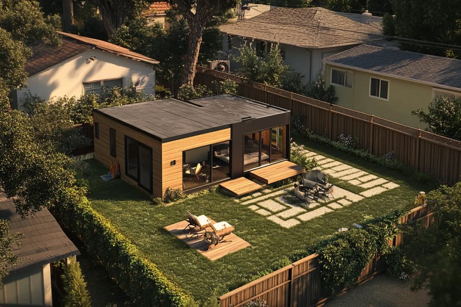 Isometric aerial view of a single-family home in California with an attached accessory dwelling unit (ADU).