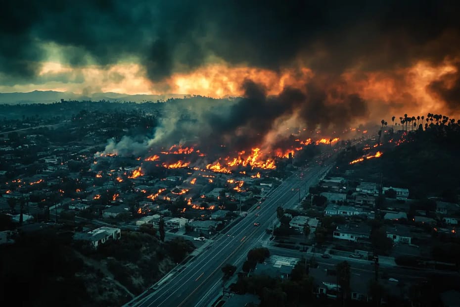 A dark, aerial photograph of homes engulfed in flames during a wildfire in Los Angeles.