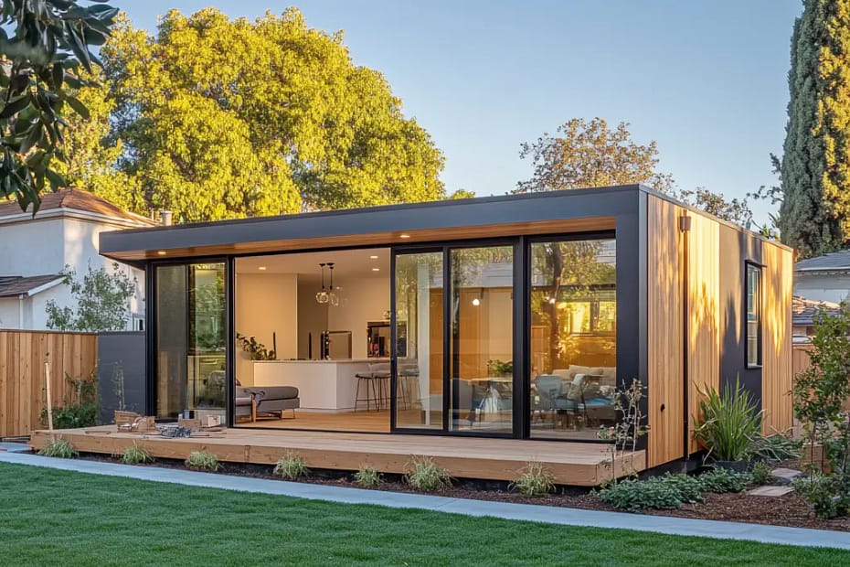 A modern ADU under construction in a California suburb. The structure features clean lines, large windows, and a contemporary design.